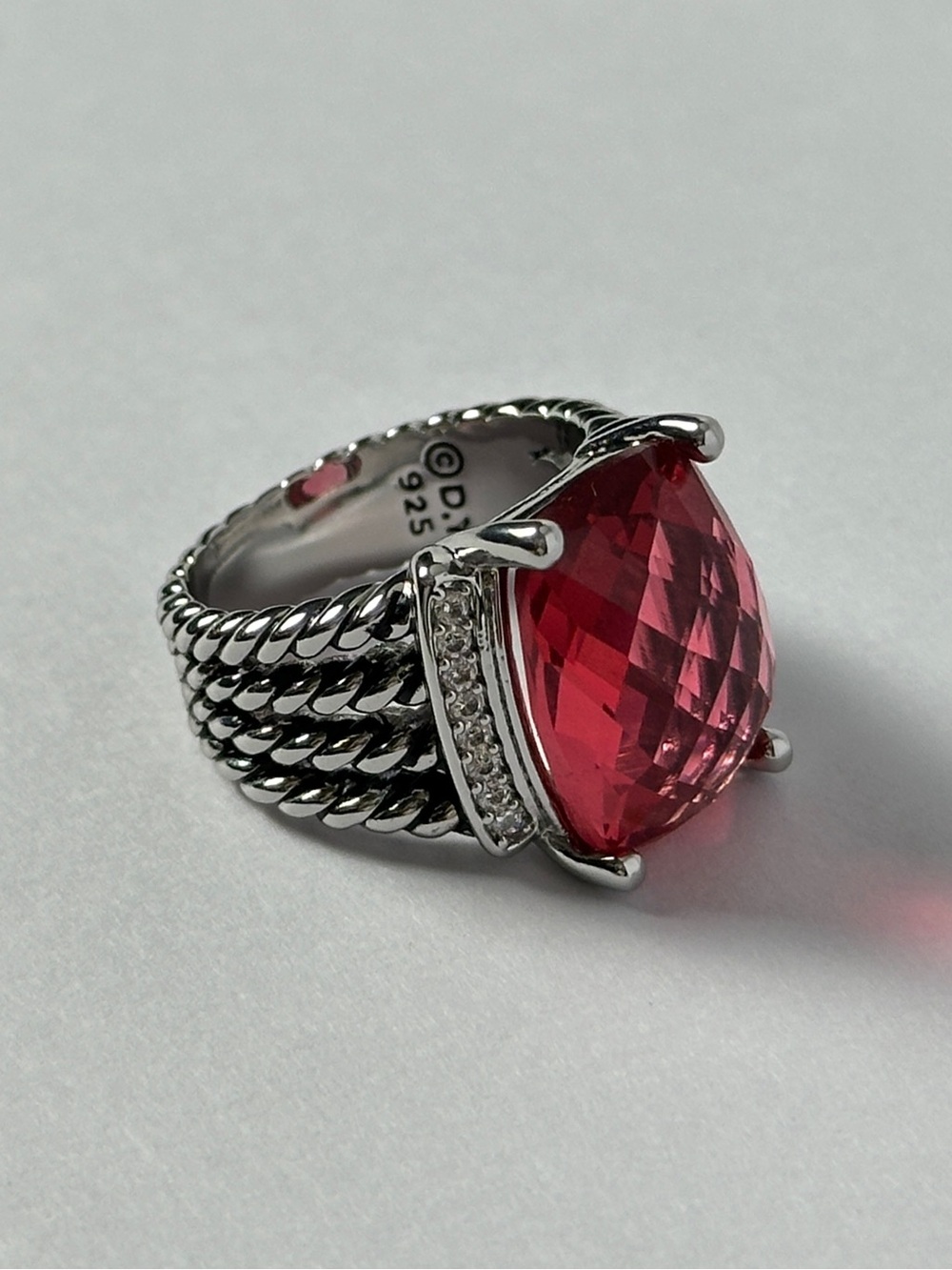 David Yurman Pink Tournaline & Diamonds Silver Wheaton Ring Size 7